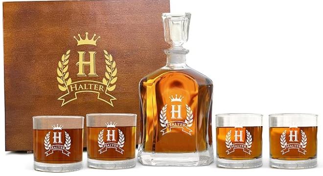 Personalized engraved whiskey decanter set with glasses