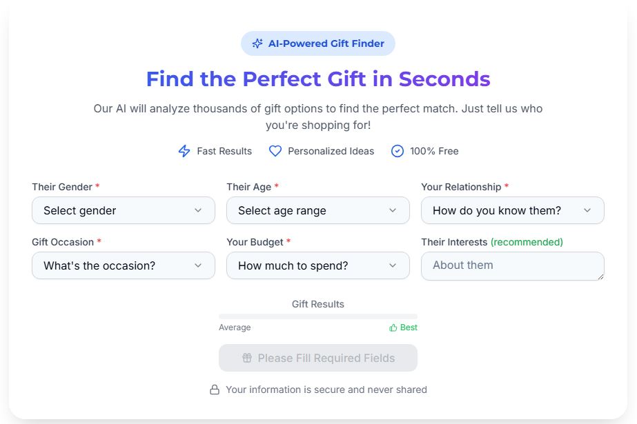 AI-powered gift finder interface with personalized gift options