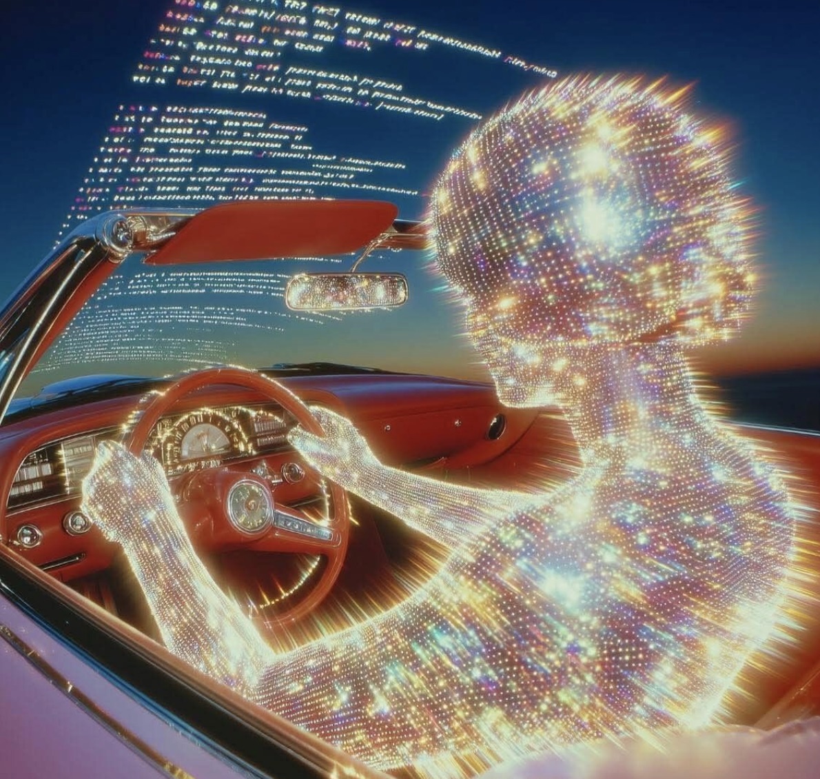 Futuristic AI-powered car driver with sparkling crystalline figure and glowing digital code in the sky