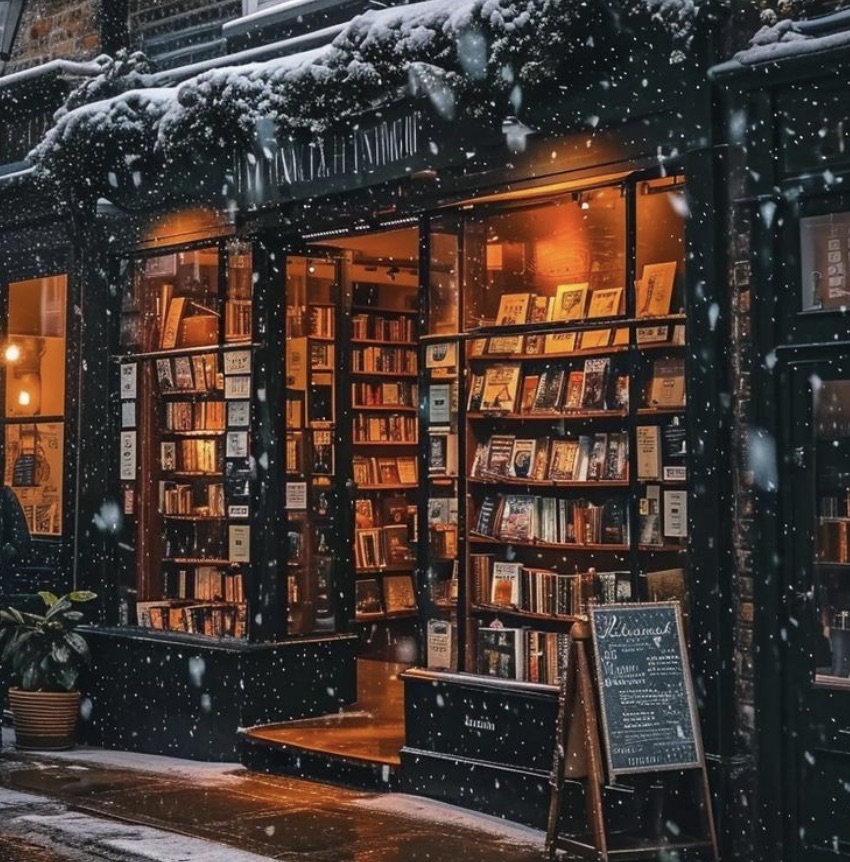 Cozy bookstore exterior during snowfall with warm glowing windows and snow-covered awning