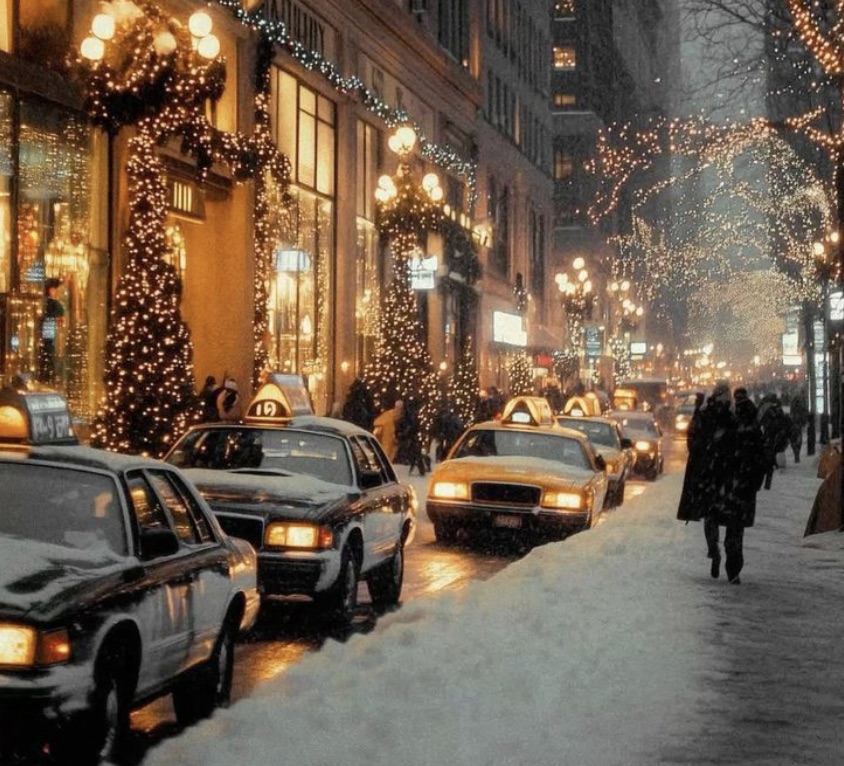 Vibrant NYC Christmas street scene with festive lights, decorated storefronts, and bustling holiday shopping atmosphere